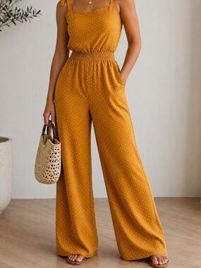 Rolla Coster Mustard Polka Dot Jumpsuit Wide Leg Tie Strap Romper Women’s Small